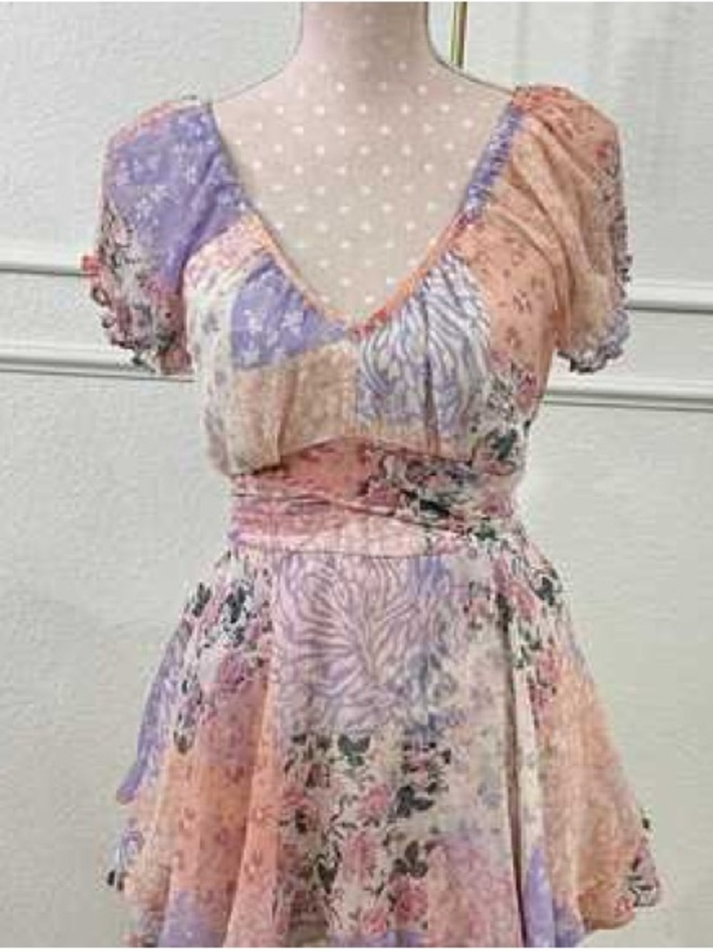 LoveShackFancy Peach Lavender Floral Patchwork Romper Dress